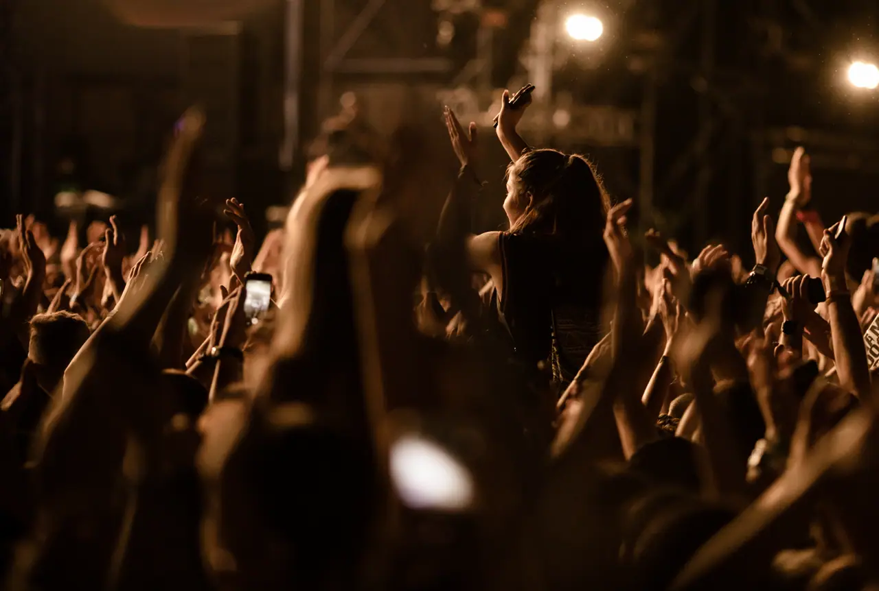 Fans with their hands in the air at a live concert